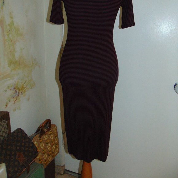 Forever 21 Burgundy Black Striped Knit Sweater Medium Fitted Dress Short Sleeve - Picture 12 of 12